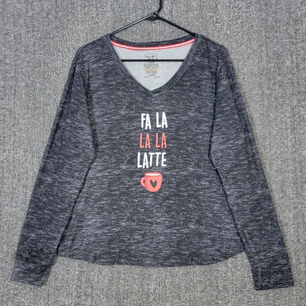 Fa La La La Latte T-Shirt Womens M Black Gray Coffee Christmas Pajama Top